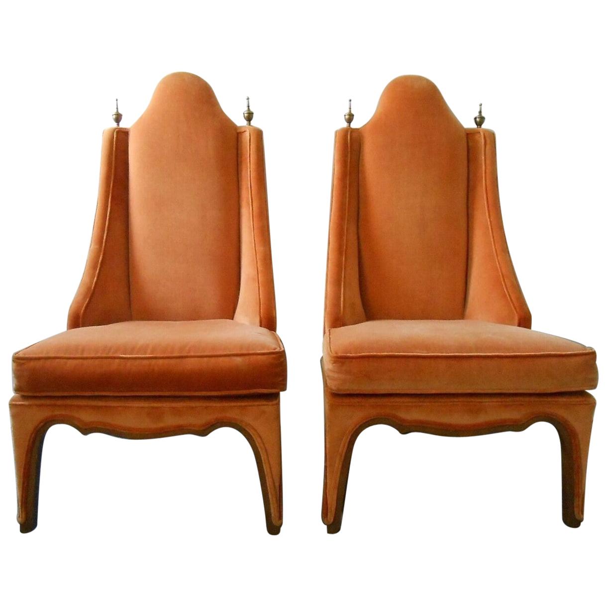 1960s Pair of Hollywood Regency Slipper Chairs in Orange with Wood Trim For Sale