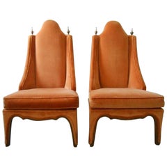 1960s Pair of Hollywood Regency Slipper Chairs in Orange with Wood Trim