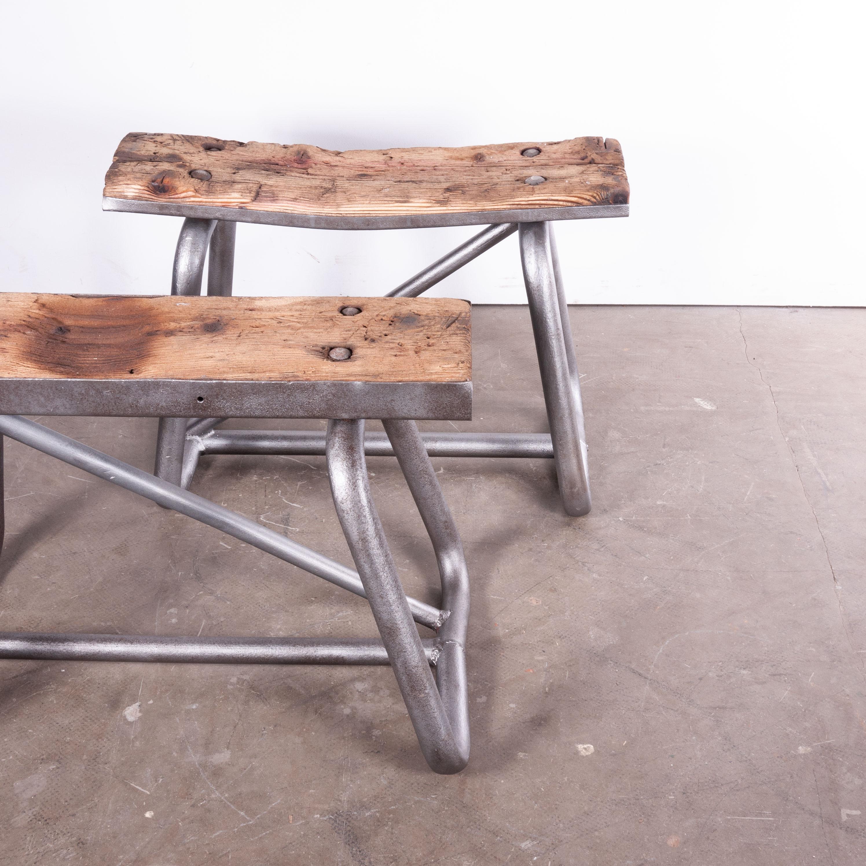 1960s pair of industrial metal and wood trestles/stools/side tables
1960s vintage pair of industrial metal and wood trestles/stools/side tables. Extremely robust industrial steel trestles. We sourced these from a foundry outside of Manchester. They