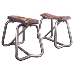 1960s Pair of Industrial Metal and Wood Trestles, Stools, Side Tables