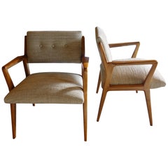 1960s Pair of Italian Armchairs in Blonde Oak and Beige and Gold Lurex Jacquard