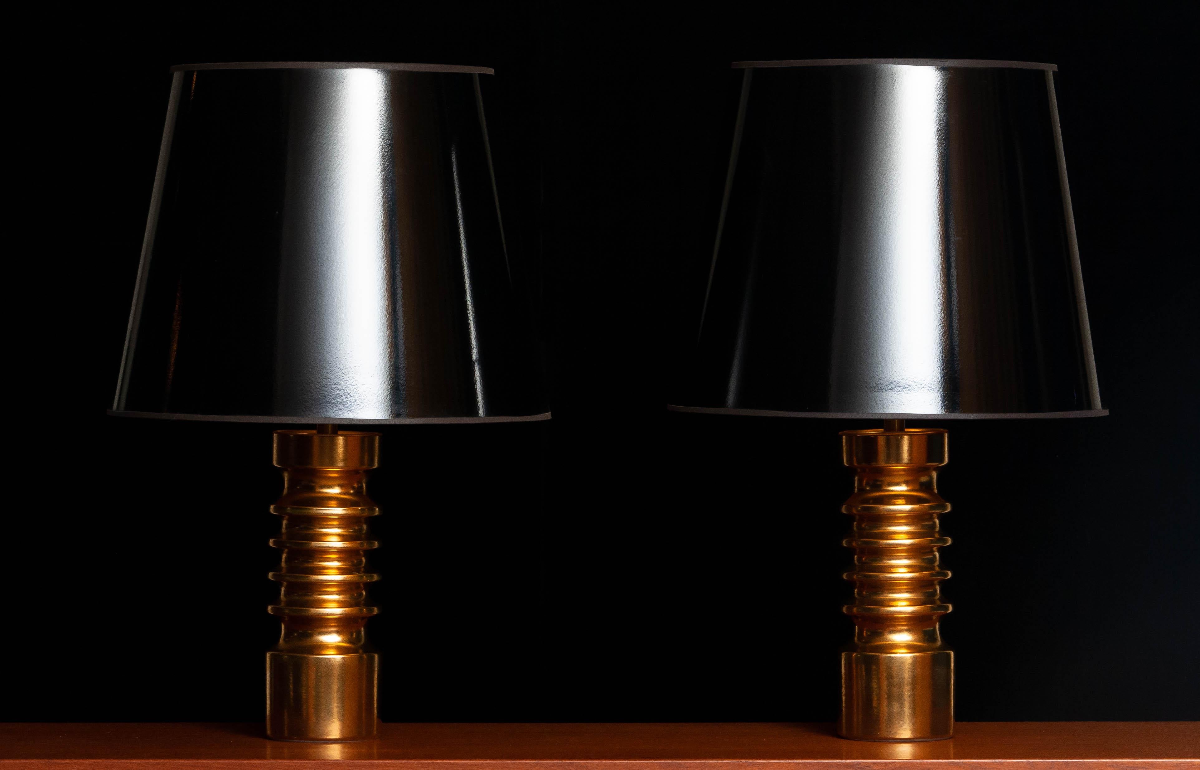 1960's Pair of Italian Gold Glazed Ceramic Table Lamps Attributed to Bitossi 1
