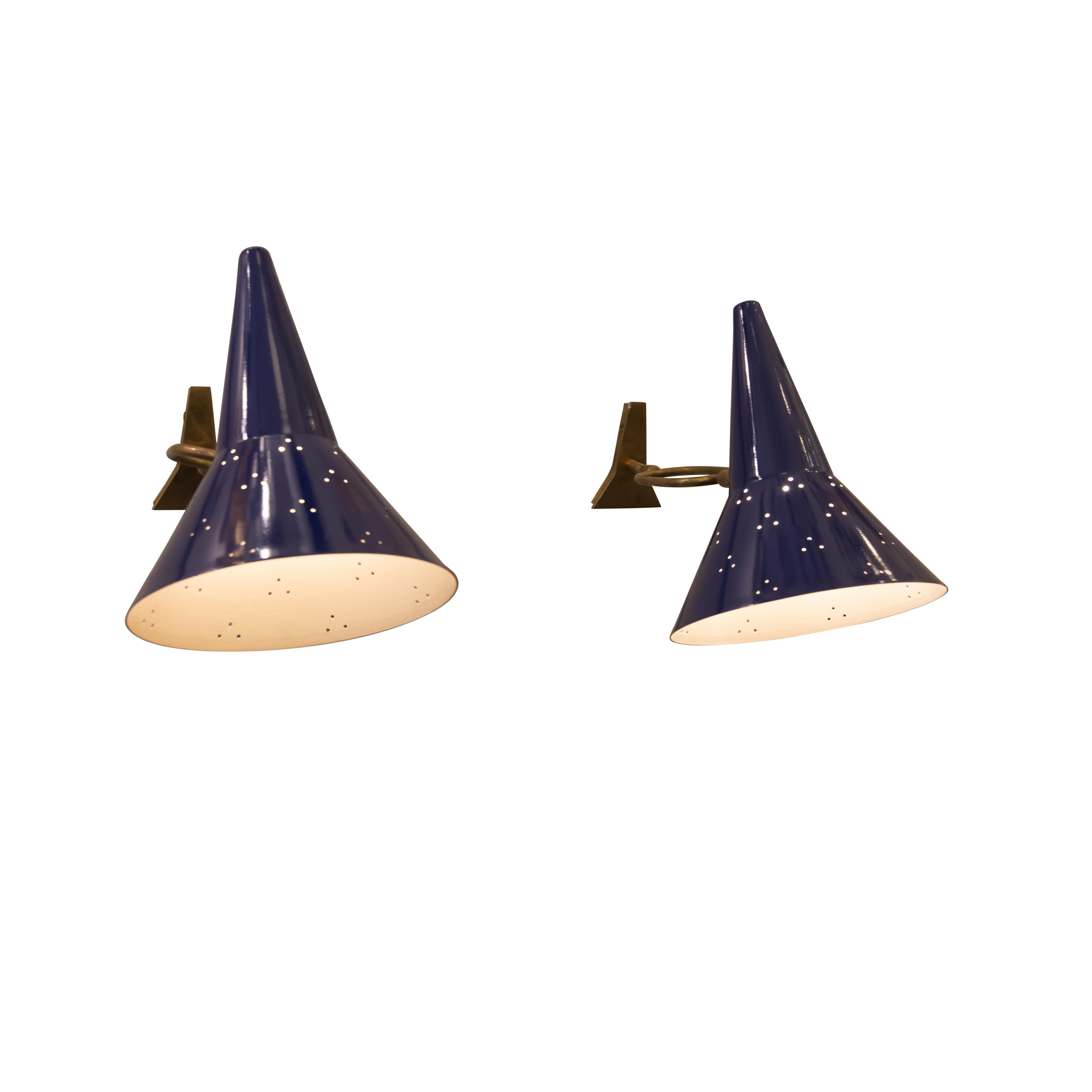 Mid-Century Modern 1960s Pair of Italian Wall Lights, Blue Articulate Shades and Brass Structure