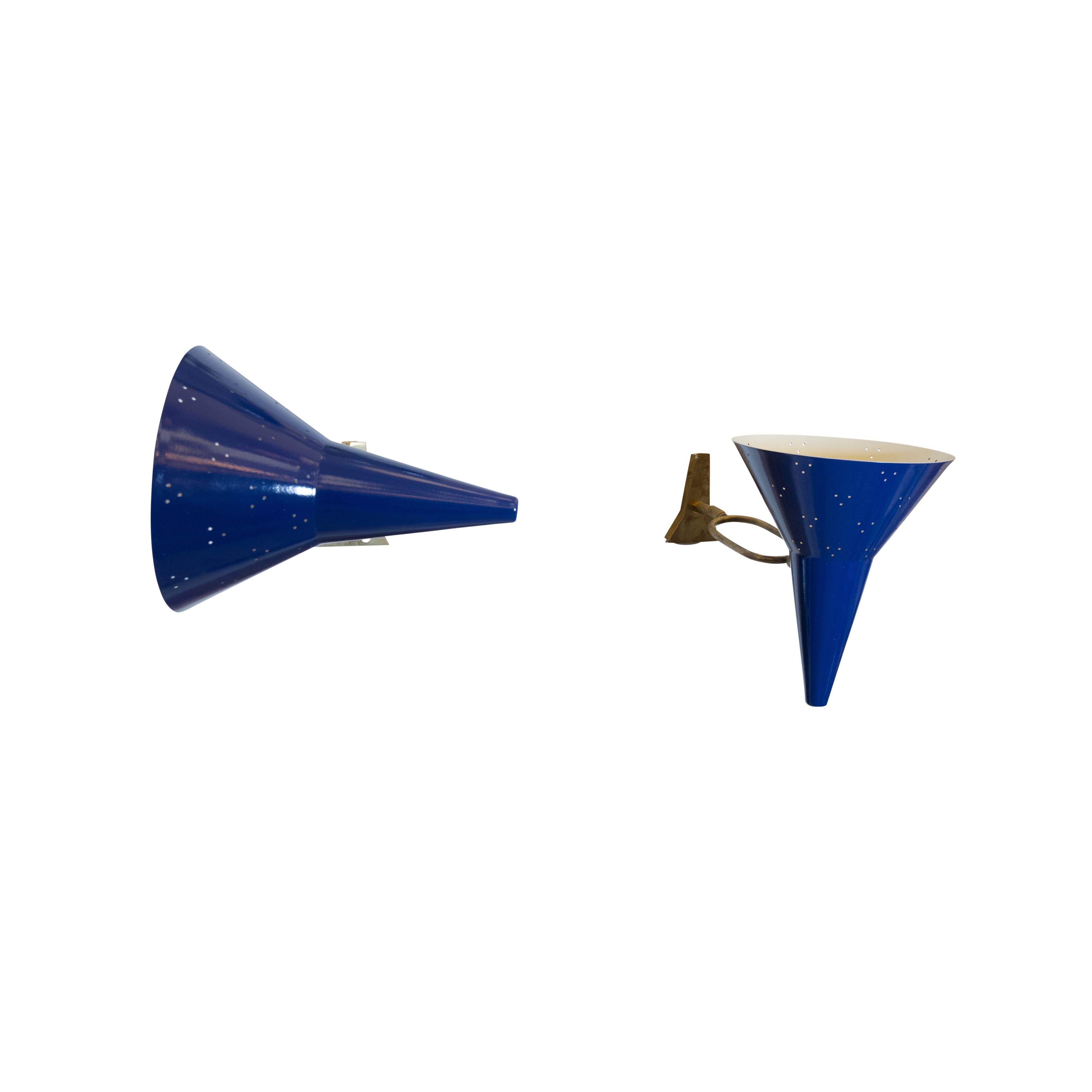 Mid-20th Century 1960s Pair of Italian Wall Lights, Blue Articulate Shades and Brass Structure