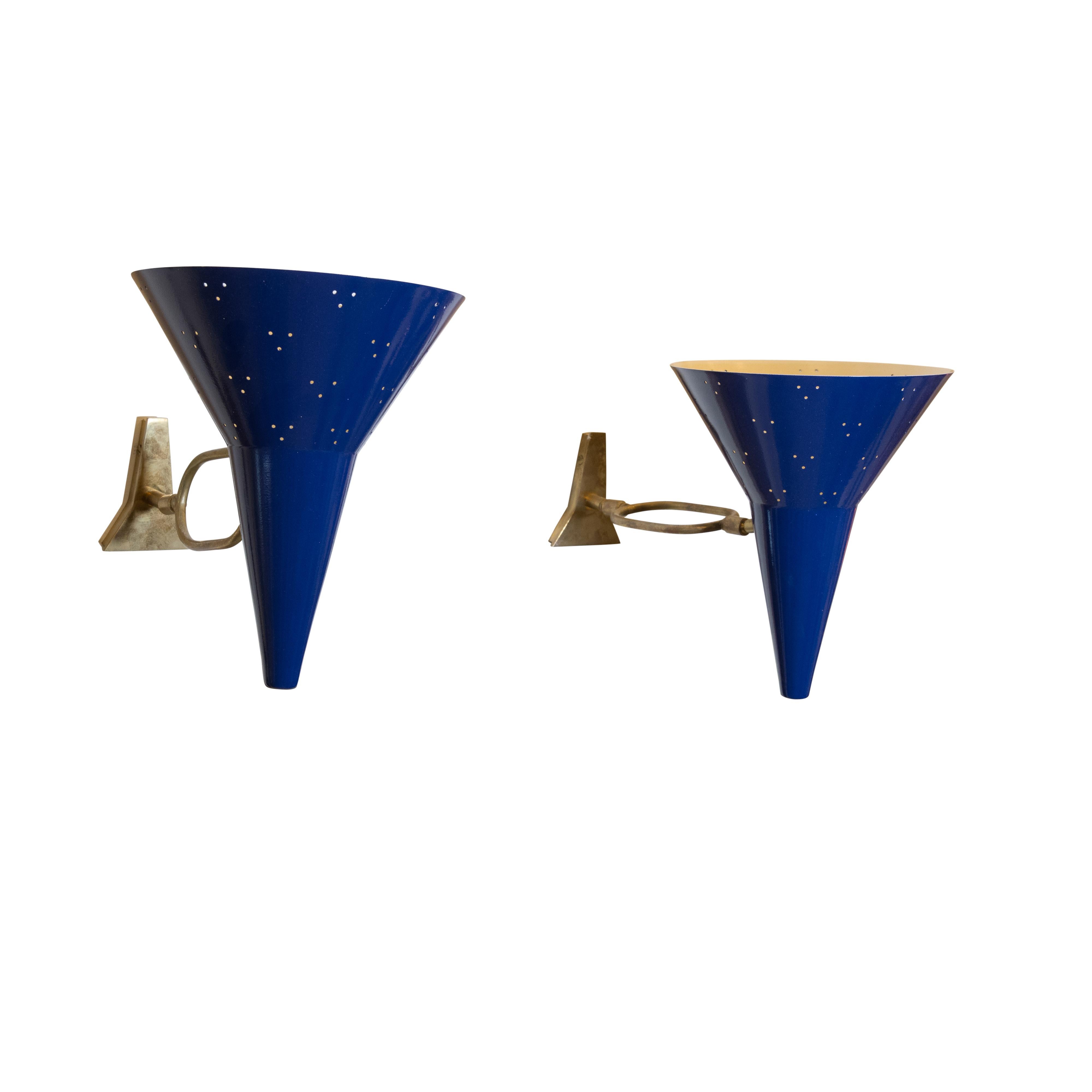Aluminum 1960s Pair of Italian Wall Lights, Blue Articulate Shades and Brass Structure