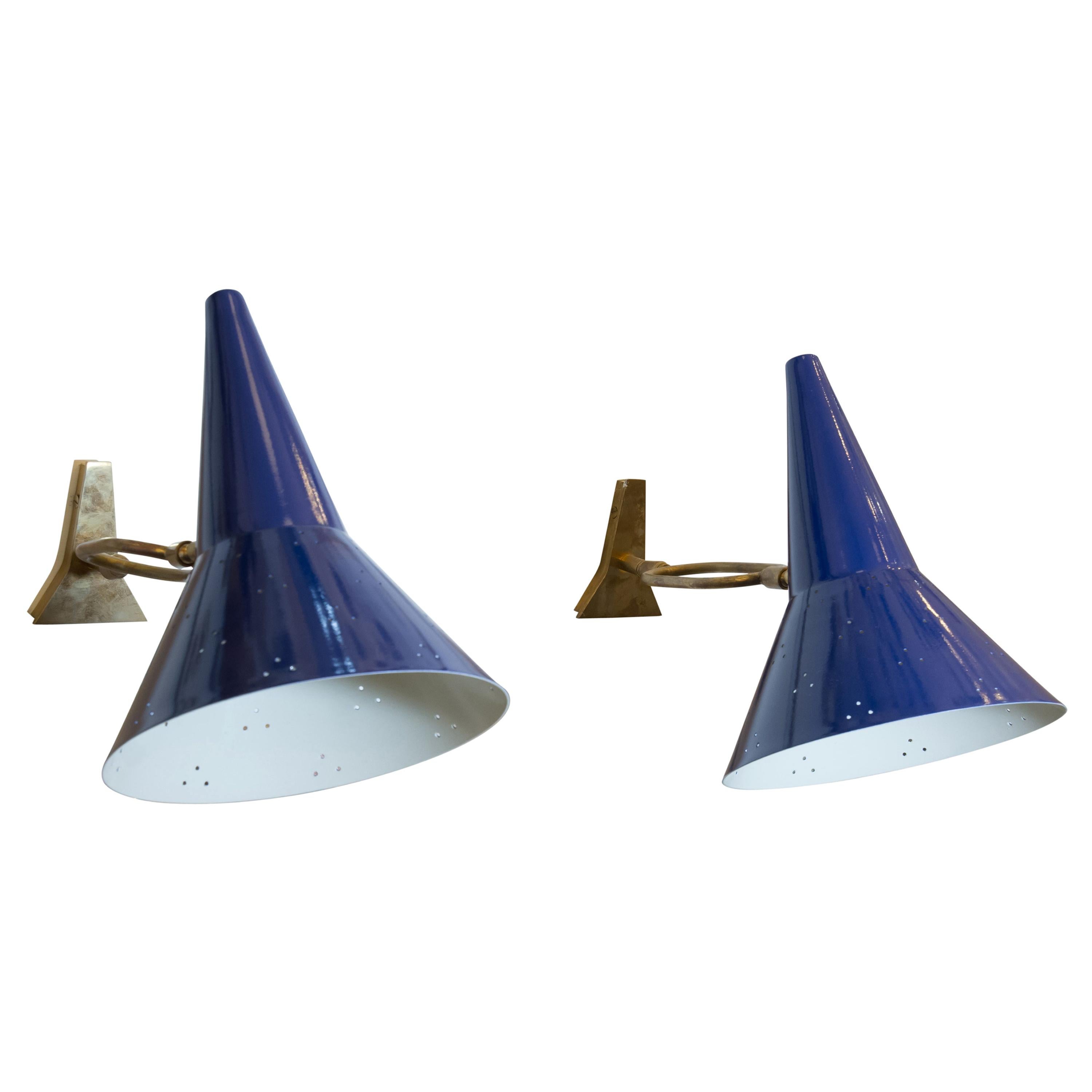 1960s Pair of Italian Wall Lights, Blue Articulate Shades and Brass Structure
