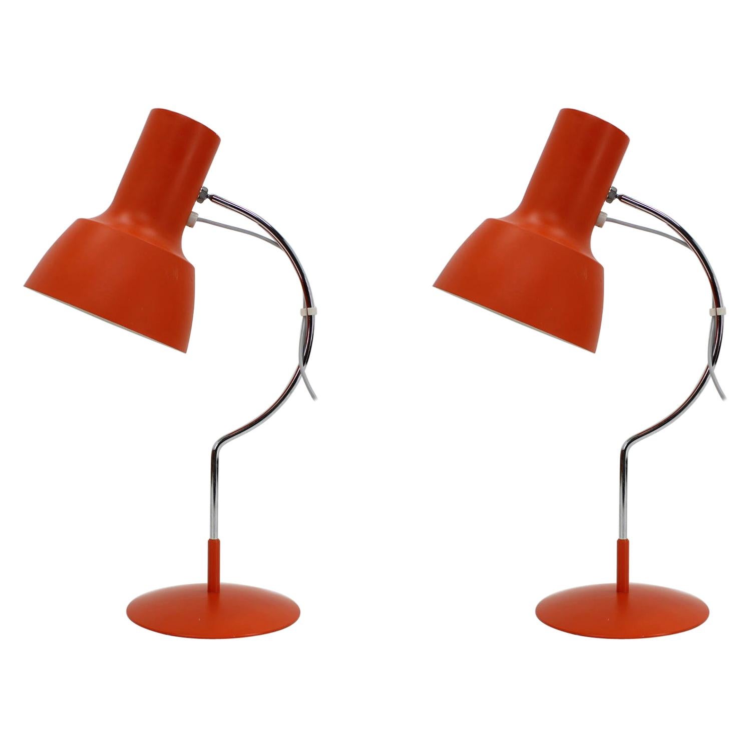 1960s Pair of Josef Hurka Orange Red Desk Lamps, Czechoslovakia