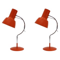 Retro 1960s Pair of Josef Hurka Orange Red Desk Lamps, Czechoslovakia