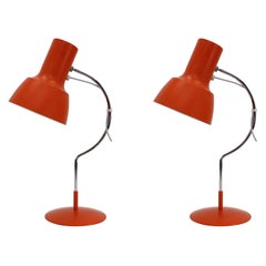 1960s Pair of Josef Hurka Orange Red Desk Lamps, Czechoslovakia