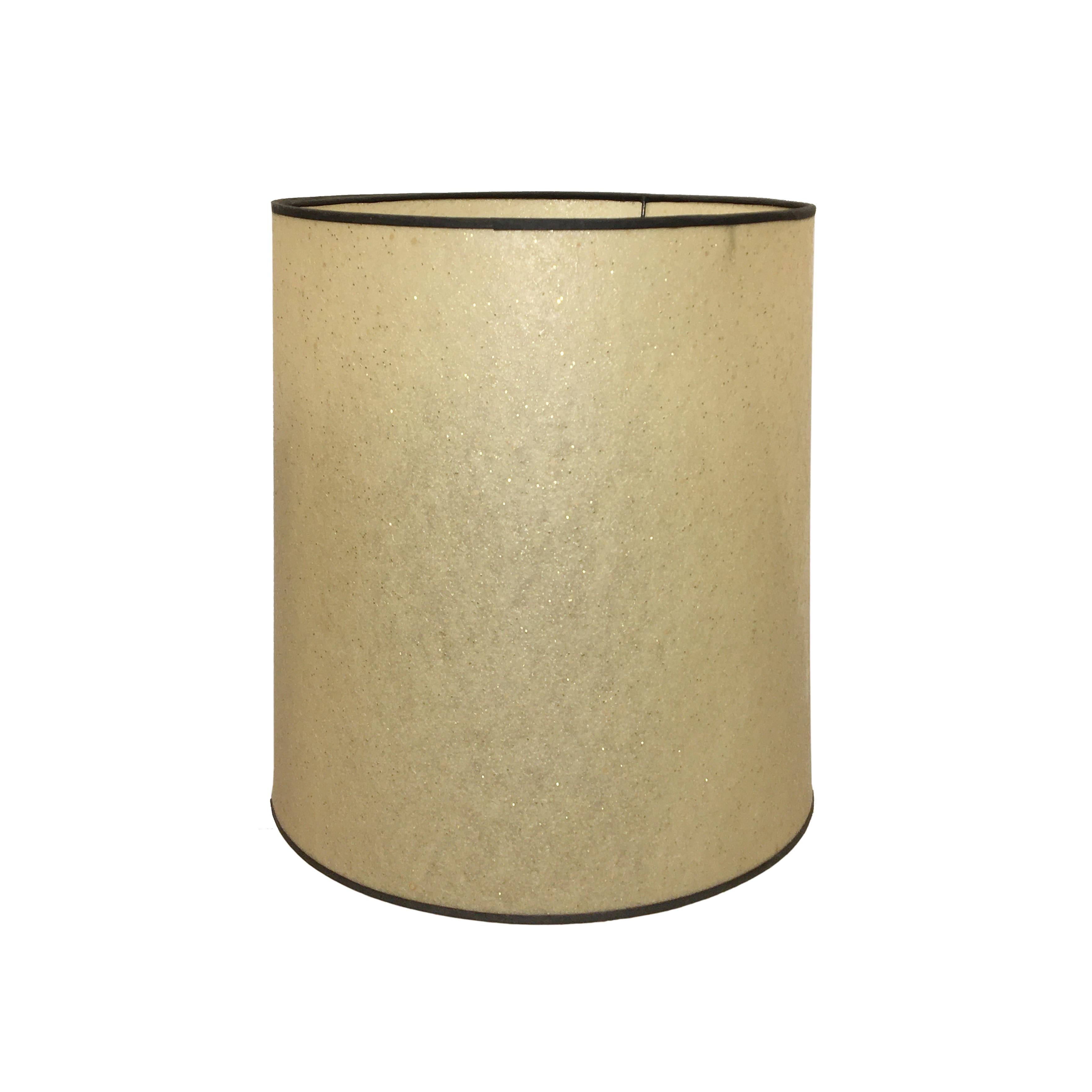 A pair of vintage gold flecked fiberglass lampshades with black linen edge banding.