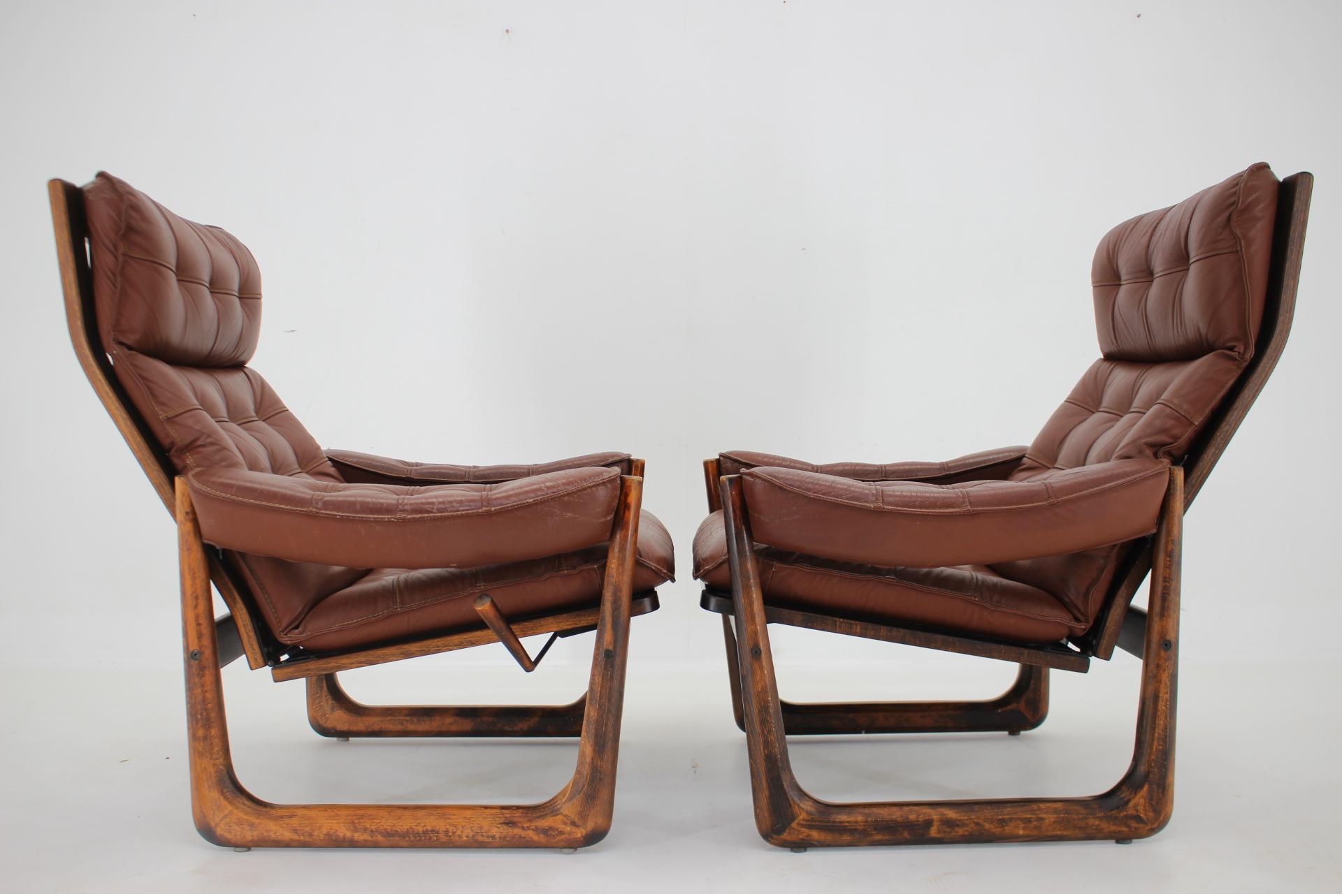 Mid-Century Modern 1960s Pair of Leather Adjustable Armchairs by Genega Mobler, Denmark
