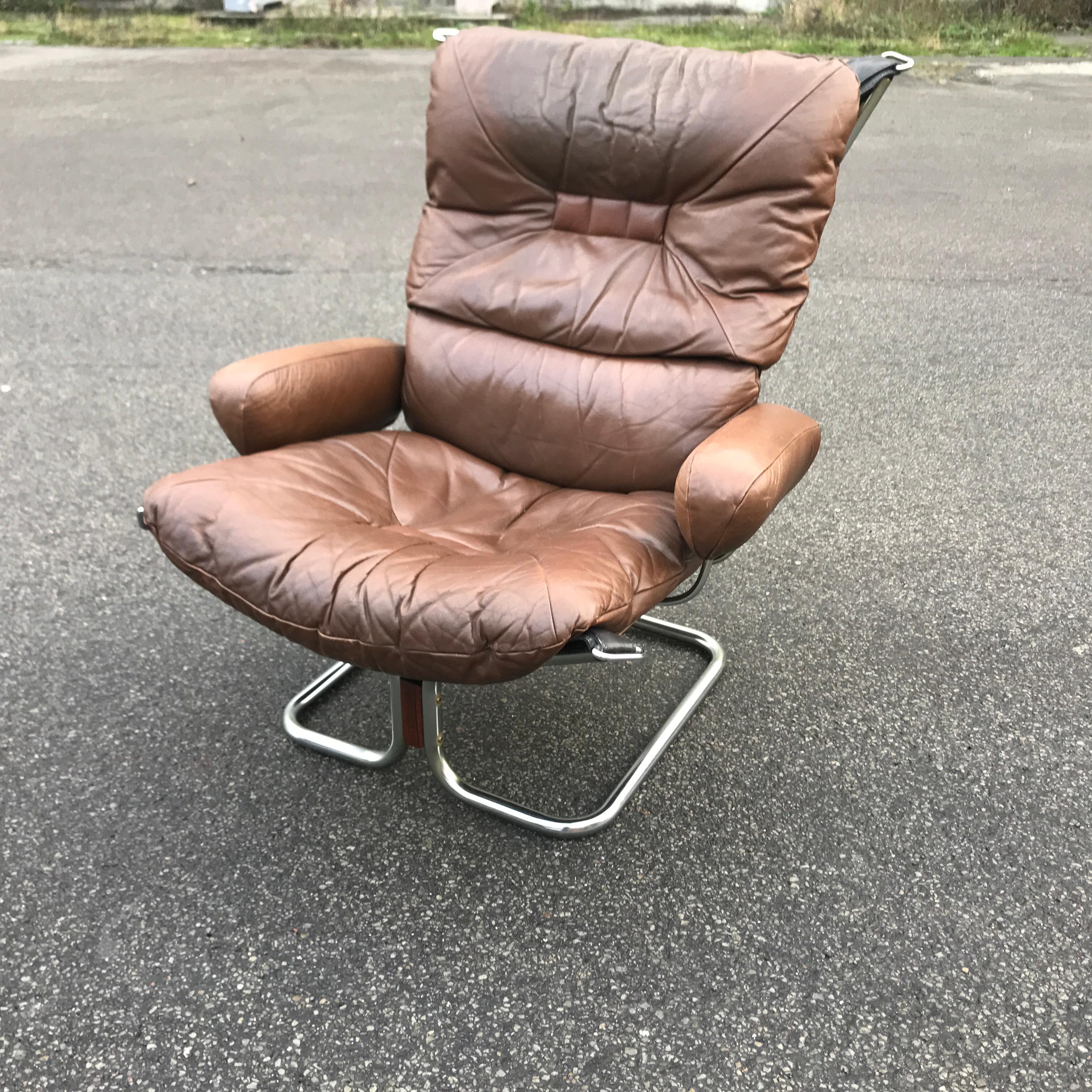 Norwegian 1960s Pair of Leather and Chrome Armchairs by Ingmar Relling