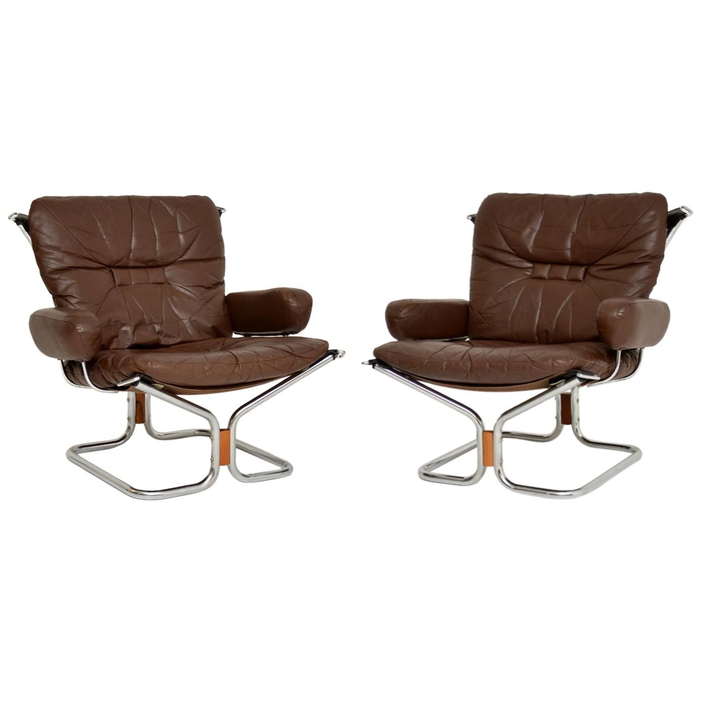 1960s Pair of Leather and Chrome Armchairs by Ingmar Relling