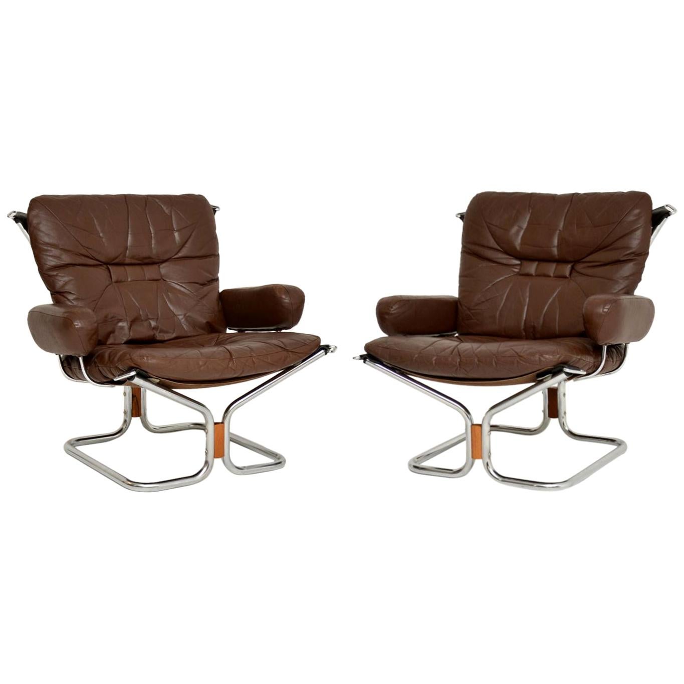 1960s Pair of Leather and Chrome Armchairs by Ingmar Relling