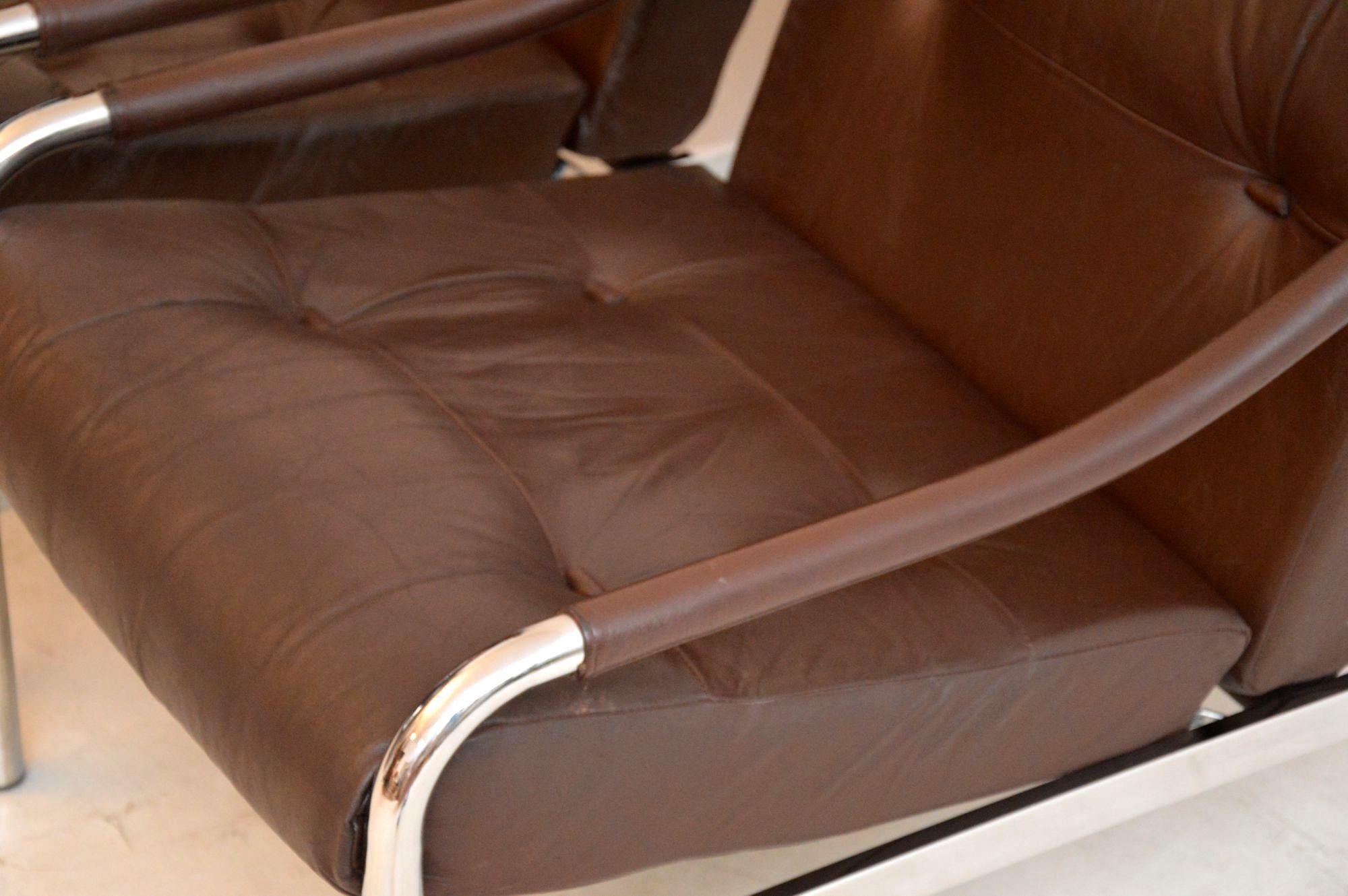 1960s Pair of Leather and Steel Beta Armchairs by Pieff In Excellent Condition In London, GB