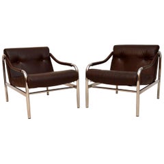 Vintage 1960s Pair of Leather and Steel Beta Armchairs by Pieff