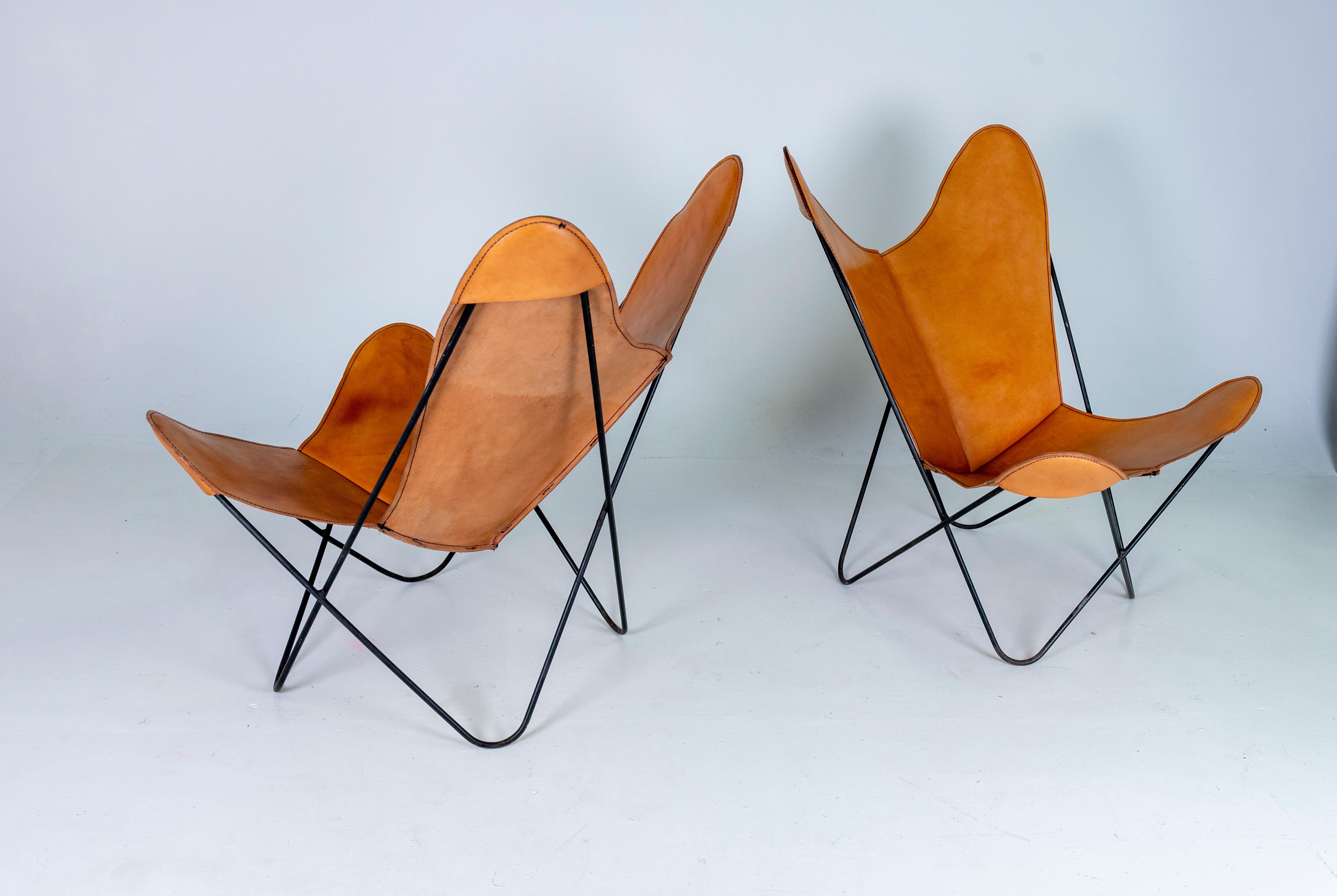 Mid-Century Modern 1960s Pair of Leather Butterfly Chairs Jorge Ferrari Hardoy Bonet Kurchan Knoll For Sale