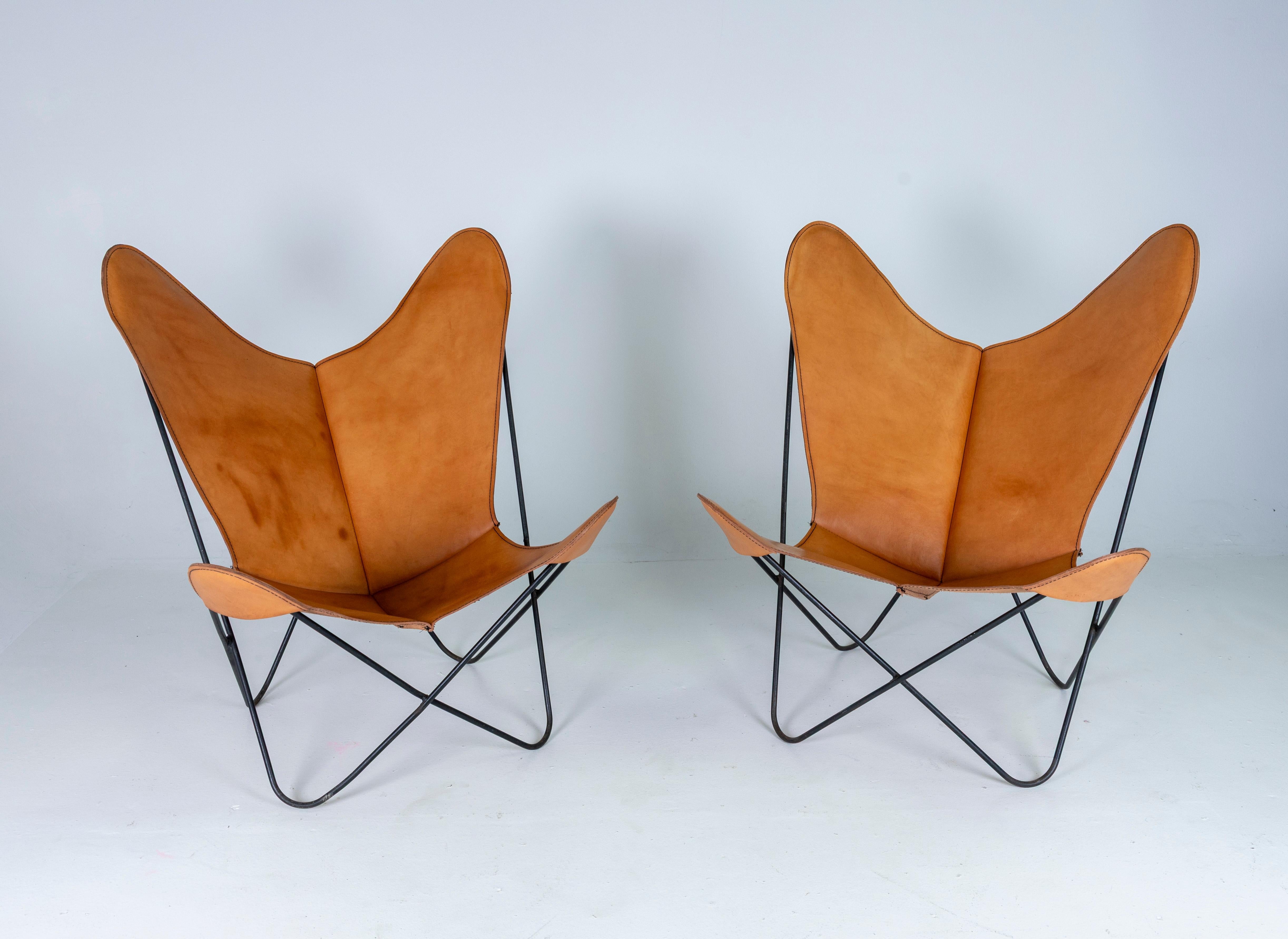 Mid-20th Century 1960s Pair of Leather Butterfly Chairs Jorge Ferrari Hardoy Bonet Kurchan Knoll For Sale