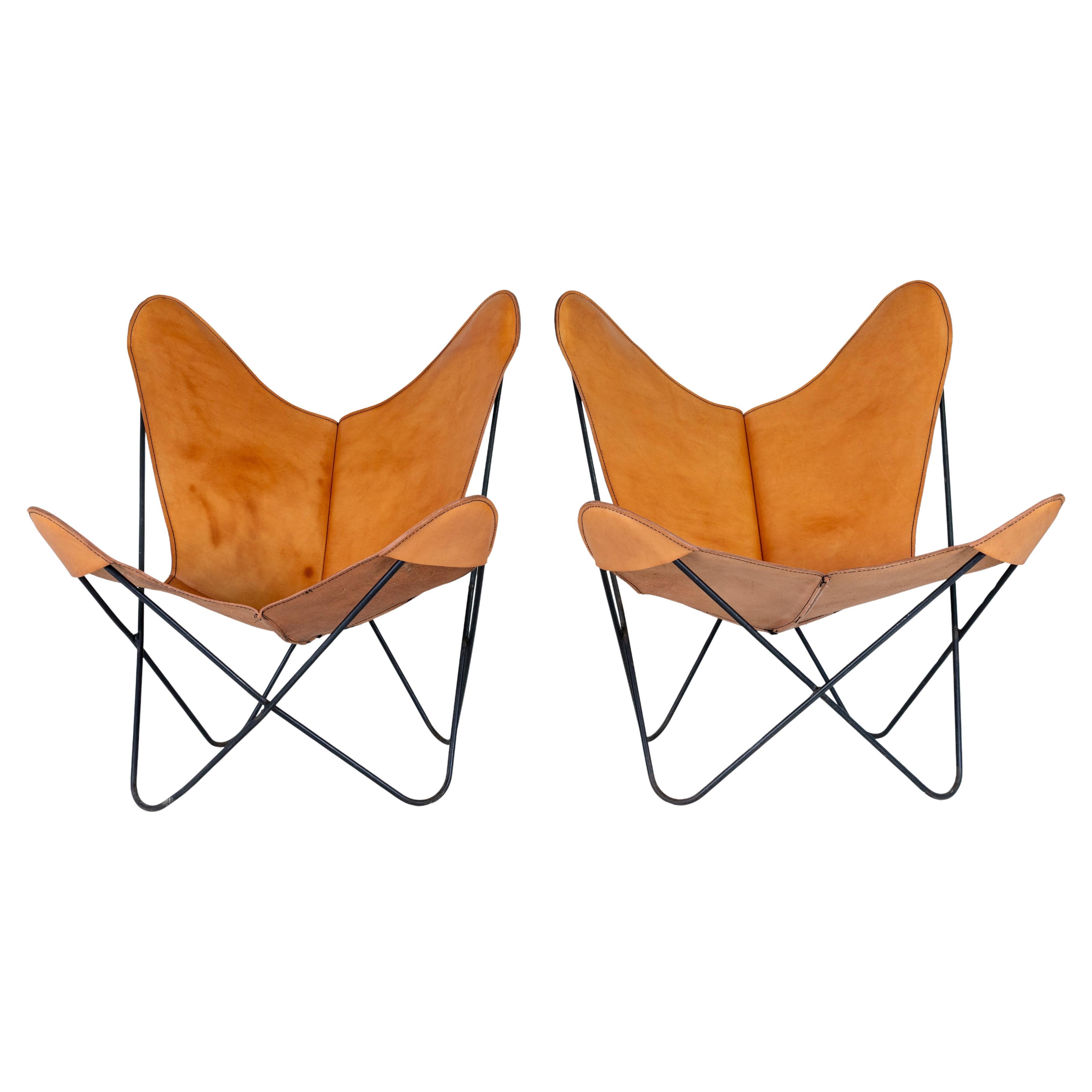1960s Pair of Leather Butterfly Chairs Jorge Ferrari Hardoy Bonet Kurchan Knoll
