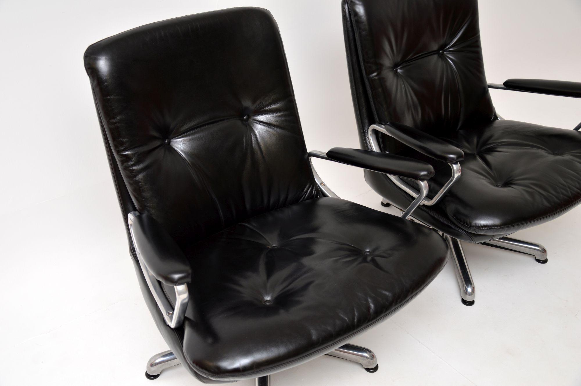 1960's Pair of Leather & Chrome Armchairs by Andre Vandenbeuk for Strassle In Good Condition For Sale In London, GB