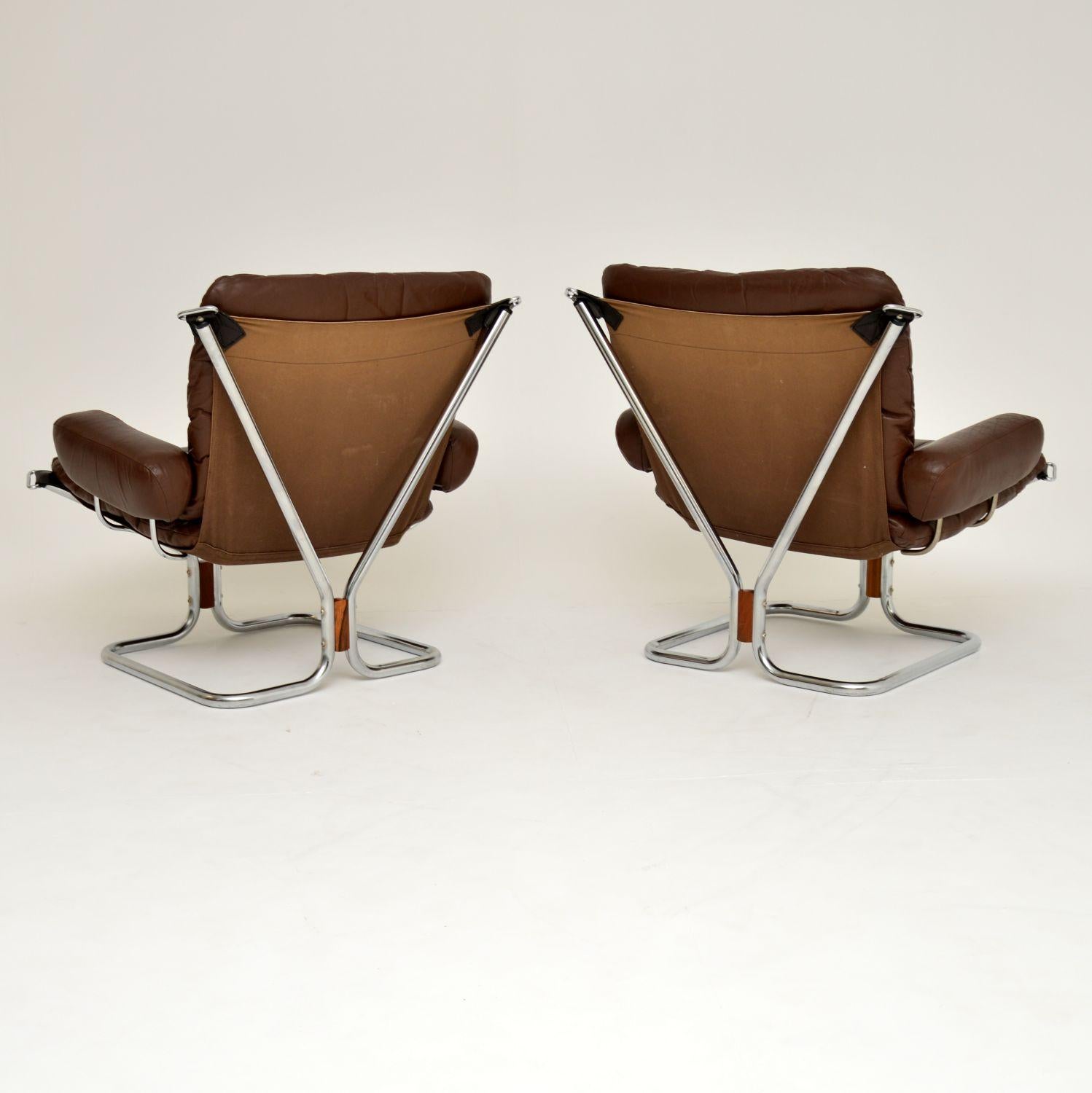 20th Century 1960s Pair of Leather and Chrome Armchairs by Ingmar Relling