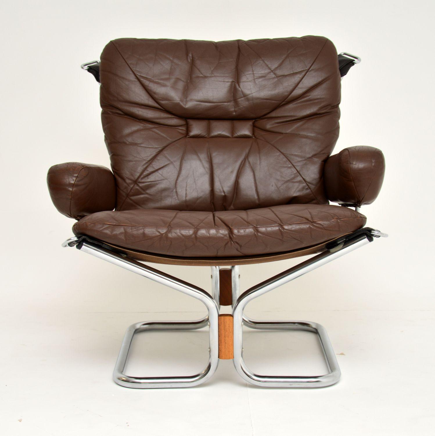 1960s Pair of Leather and Chrome Armchairs by Ingmar Relling 1