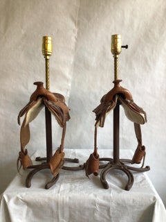 1960s Pair of Leather Horse Saddle Lamps on a Horseshoe Base