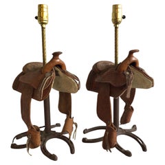 1960s Pair of Leather Horse Saddle Lamps on a Horseshoe Base