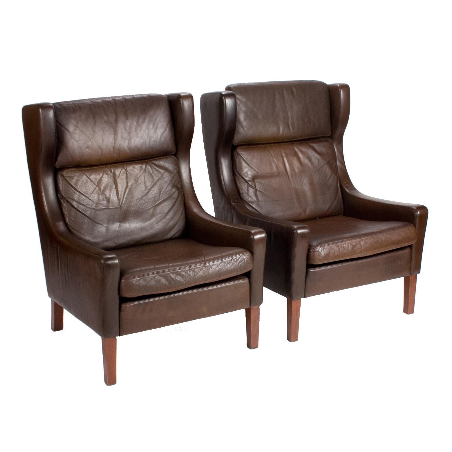 1960s Pair of Leather Mid-Century Scandinavian Wing Armchairs