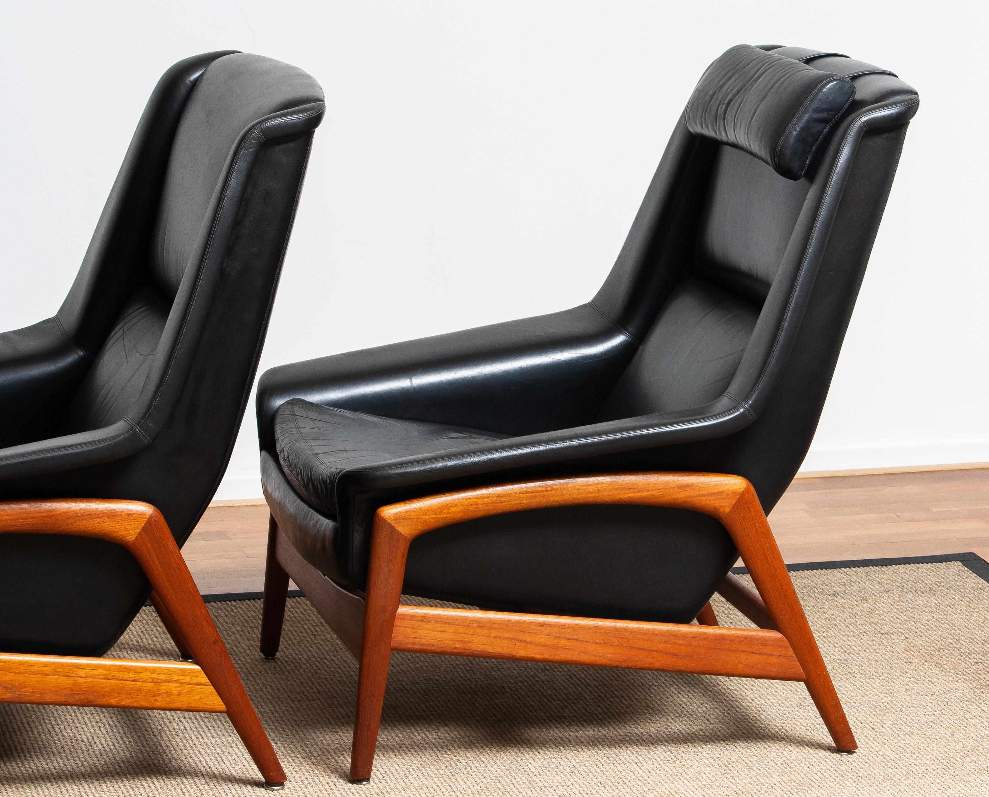 1960s, Pair of Lounge Chairs 'Profil', Folke Ohlsson for DUX in Leather and Teak 4