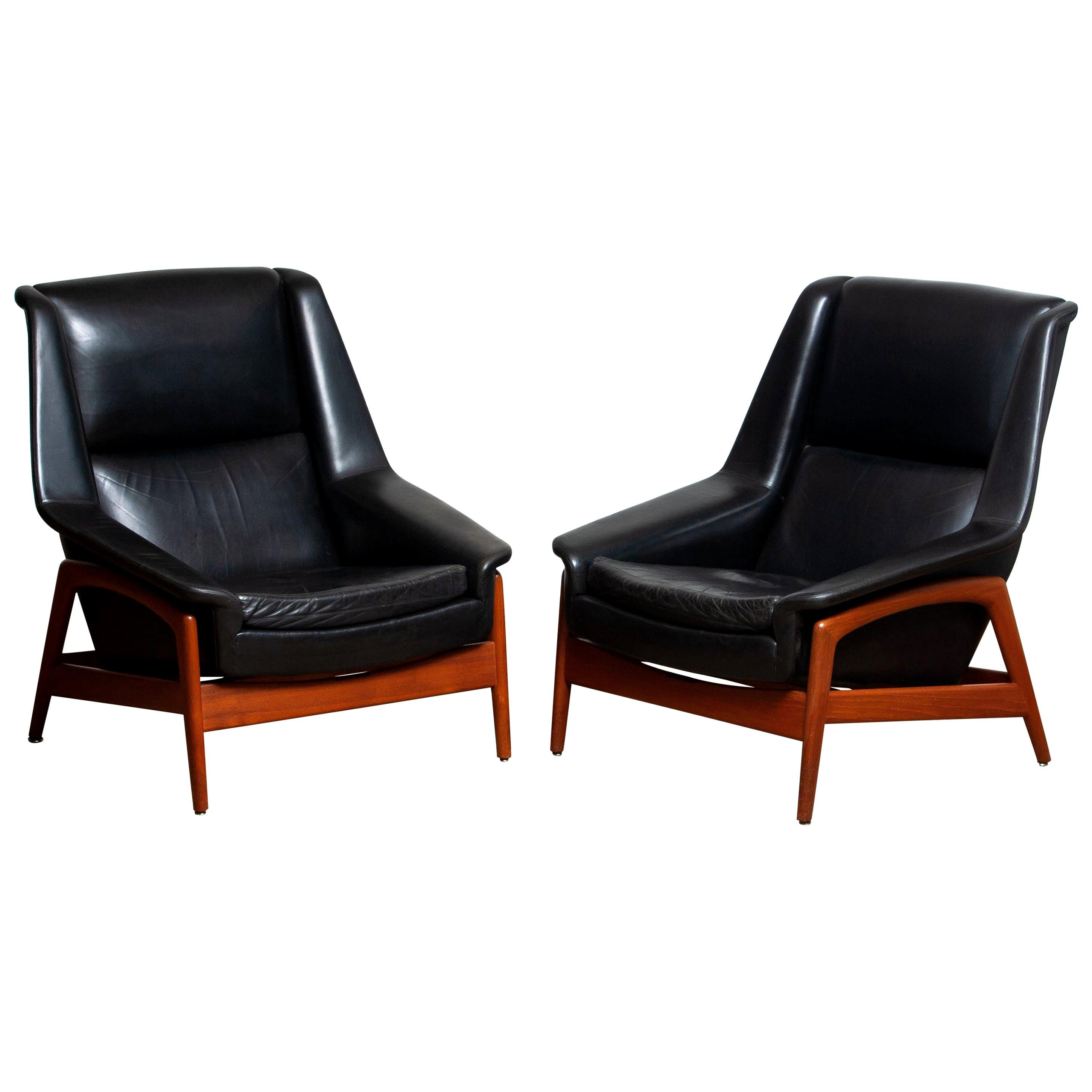 Scandinavian Modern 1960s, Pair of Lounge Chairs 'Profil', Folke Ohlsson for DUX in Leather and Teak