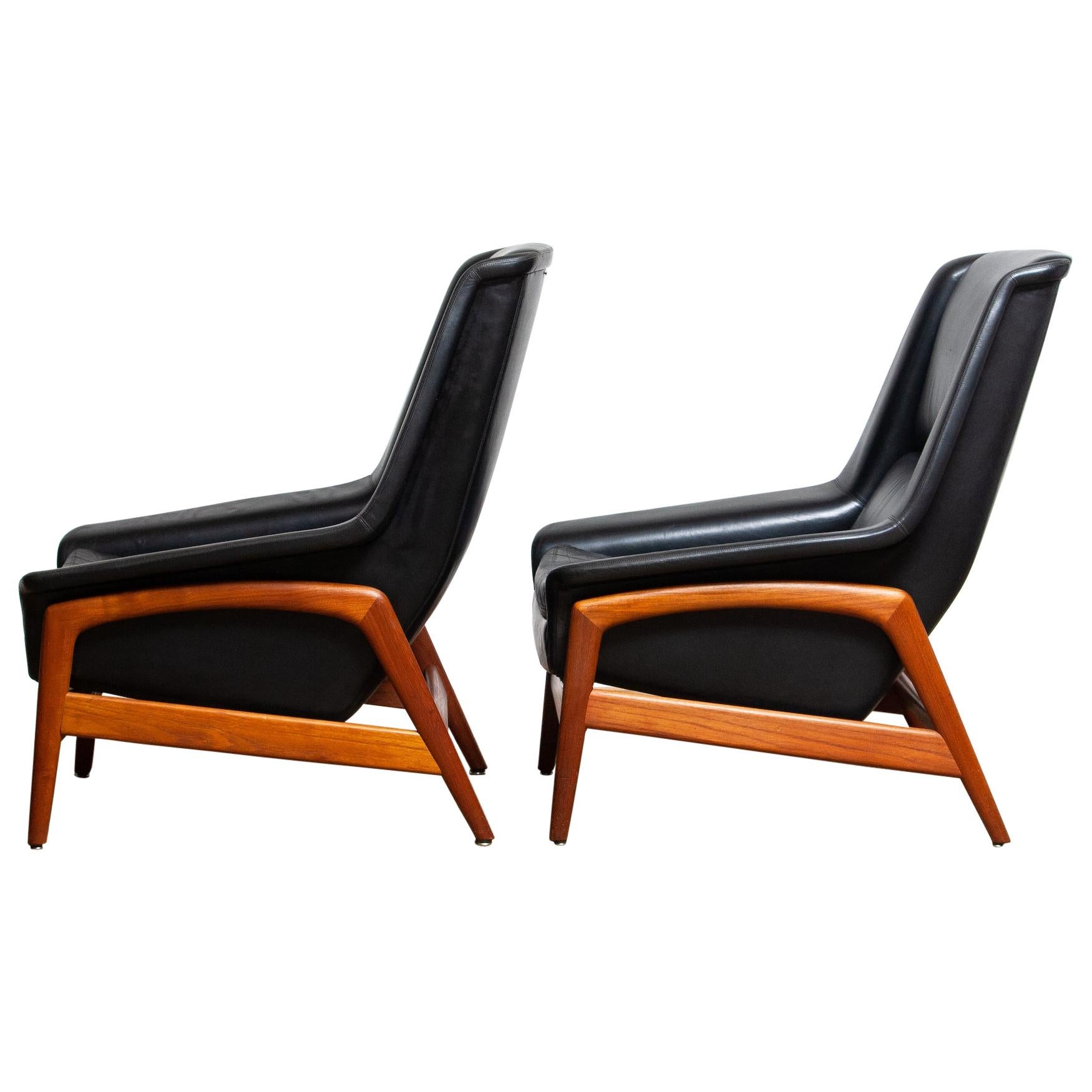 Swedish 1960s Pair of Lounge Chairs 'Profil', Folke Ohlsson for DUX in Leather and Teak
