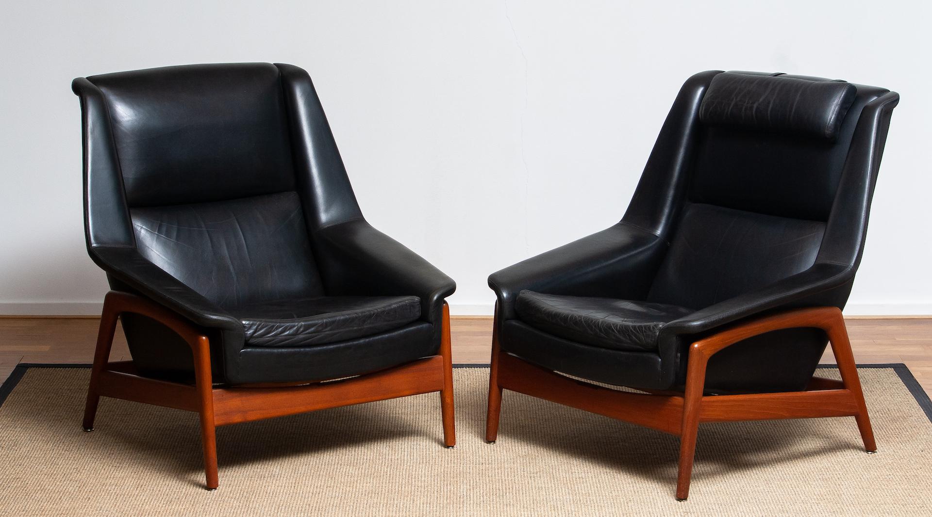 1960s Pair of Lounge Chairs 'Profil', Folke Ohlsson for DUX in Leather and Teak In Good Condition In Silvolde, Gelderland
