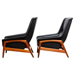 1960s Pair of Lounge Chairs 'Profil', Folke Ohlsson for DUX in Leather and Teak