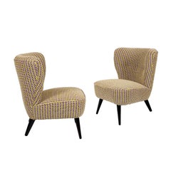 1960s Pair of Low Chairs, Wood, Beech, Cotton Fabric, Spain