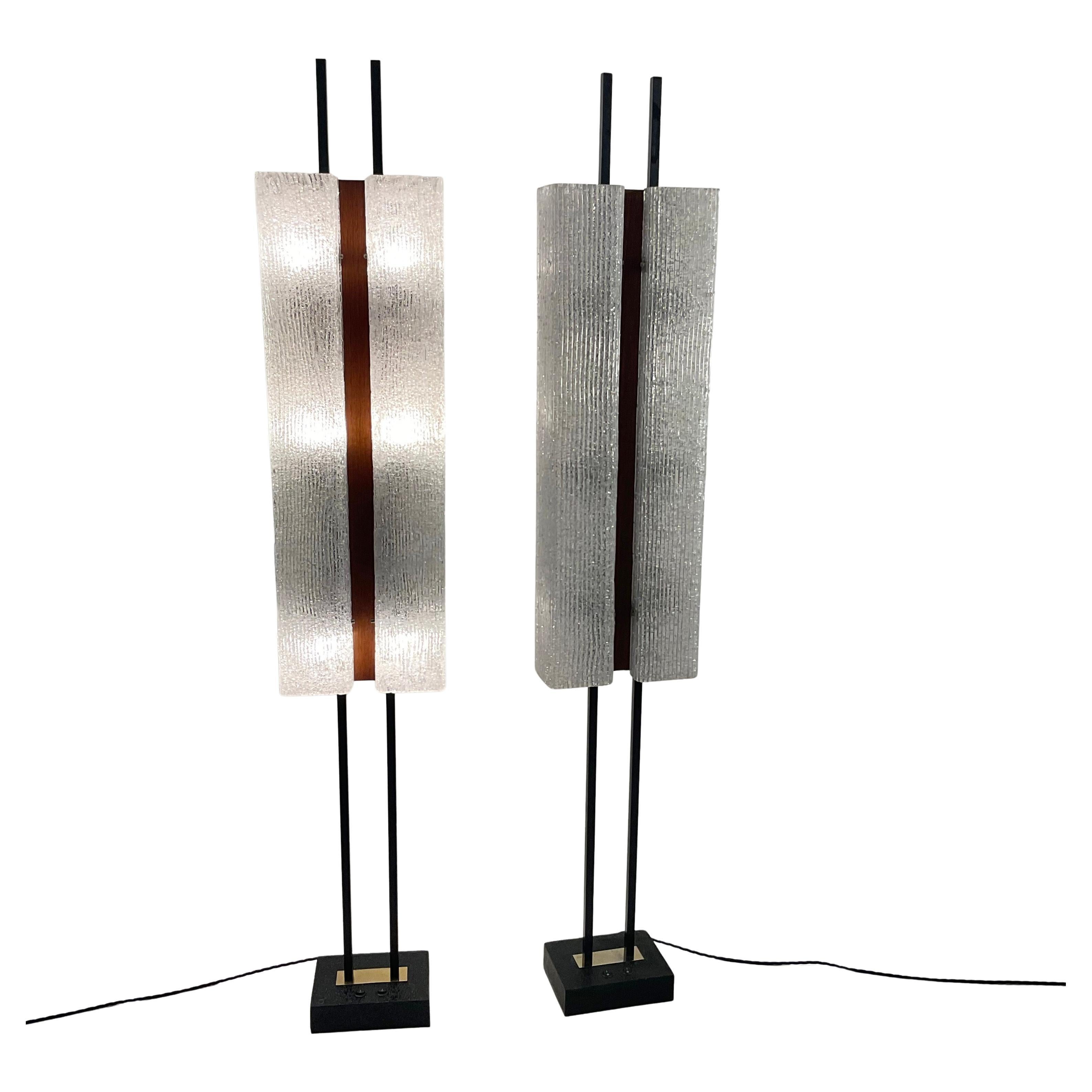 1960s Pair of Maison Arlus Floor Lamps with Double Molded Acrylic Lampshades For Sale