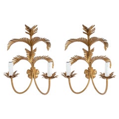 1960s Pair of Maison FlorArt Gilded Palm Leaves Sconces