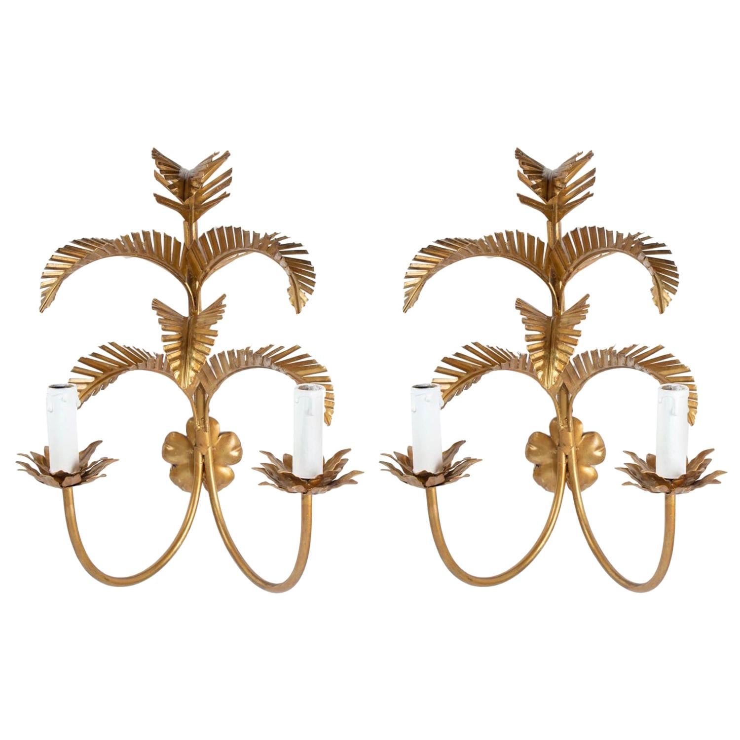 1960s Pair of Maison FlorArt Gilded Palm Leaves Sconces