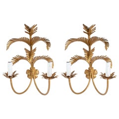 1960s Pair of Maison FlorArt Gilded Palm Leaves Sconces