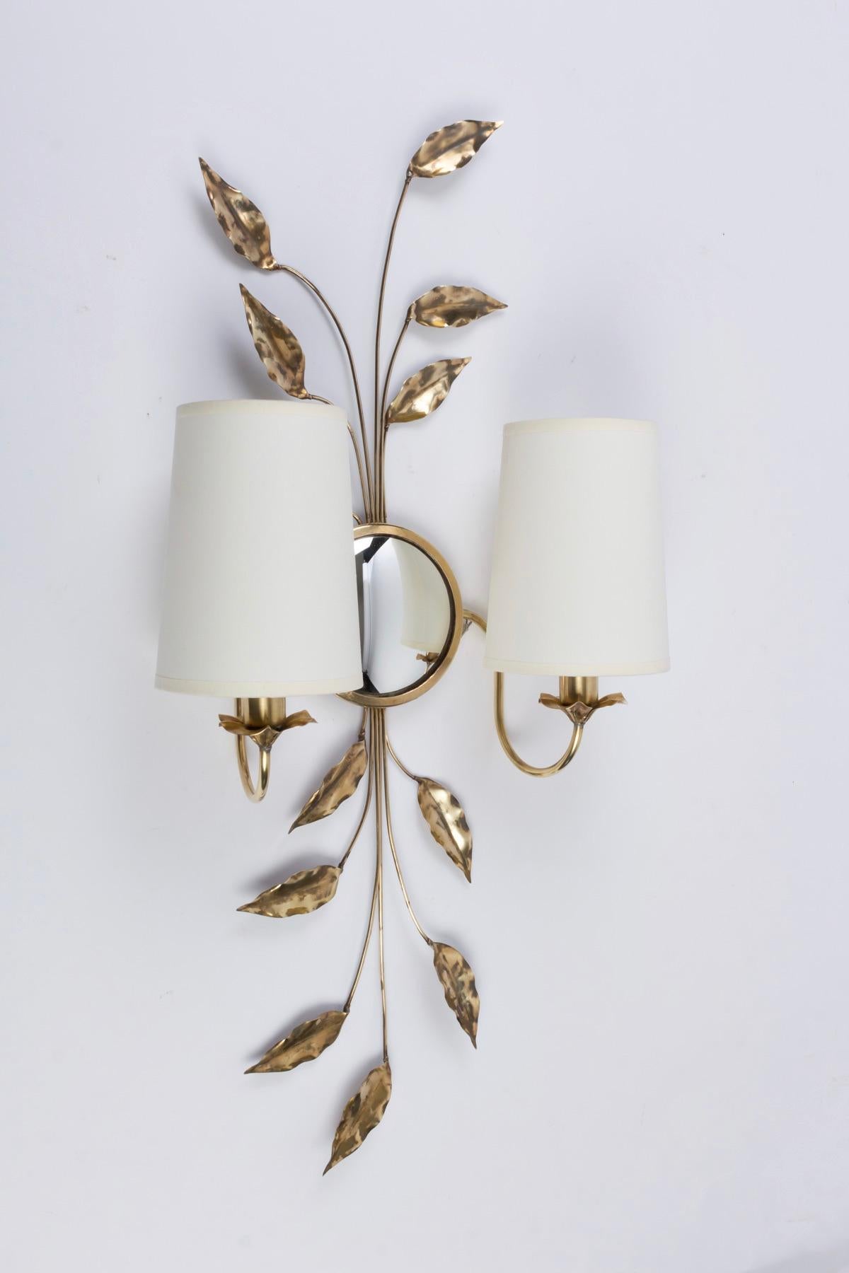 1960s Pair of Maison Honore Brass Foliage and Mirror Sconces 2