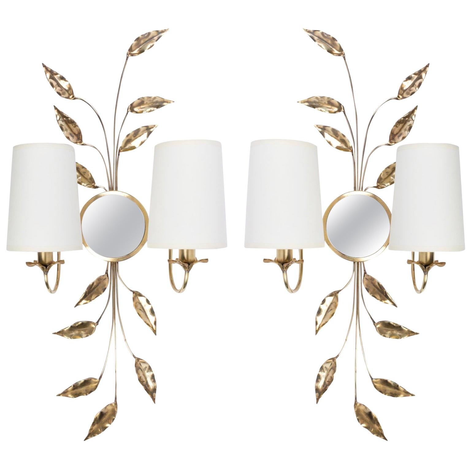1960s Pair of Maison Honore Brass Foliage and Mirror Sconces