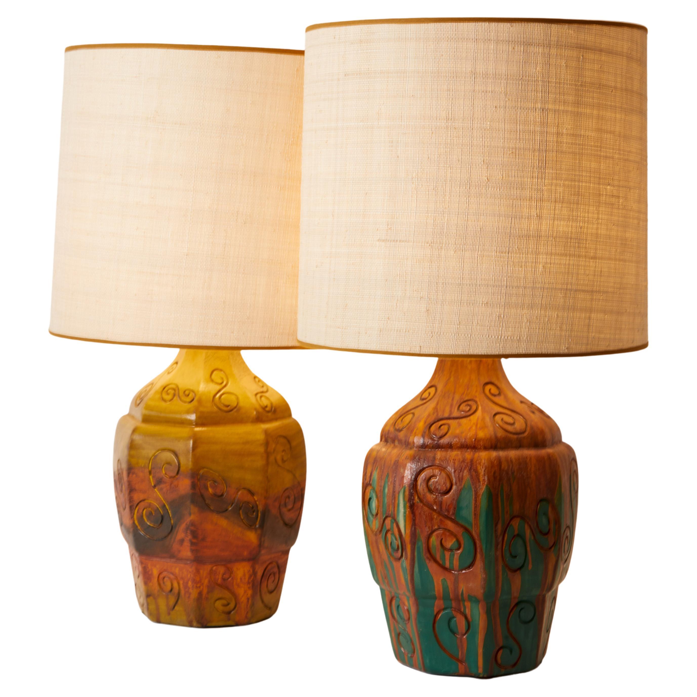 1960s Pair of Marcello Fantoni Multi-Color Pottery Lamps with Swirled Designs