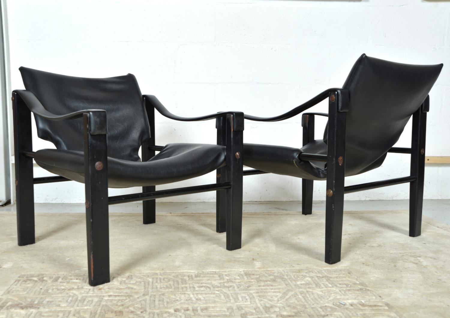 Mid-Century Modern 1960s Pair of Maurice Burke for Arkana Safari Campaign Lounge Chairs Black