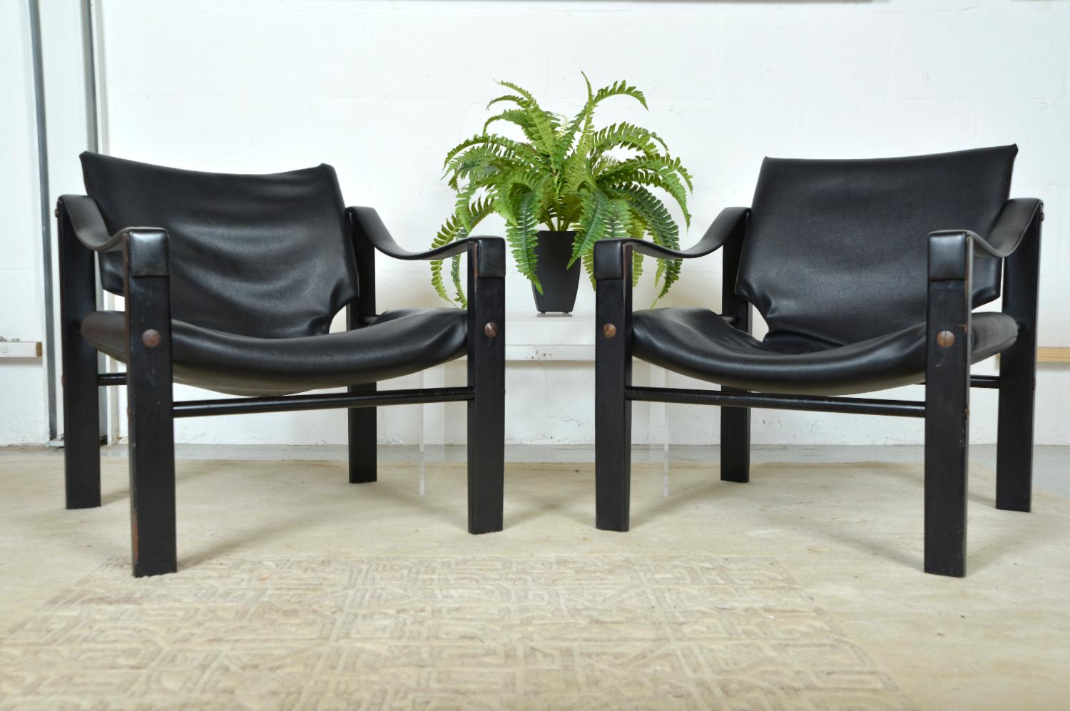 Ebonized 1960s Pair of Maurice Burke for Arkana Safari Campaign Lounge Chairs Black