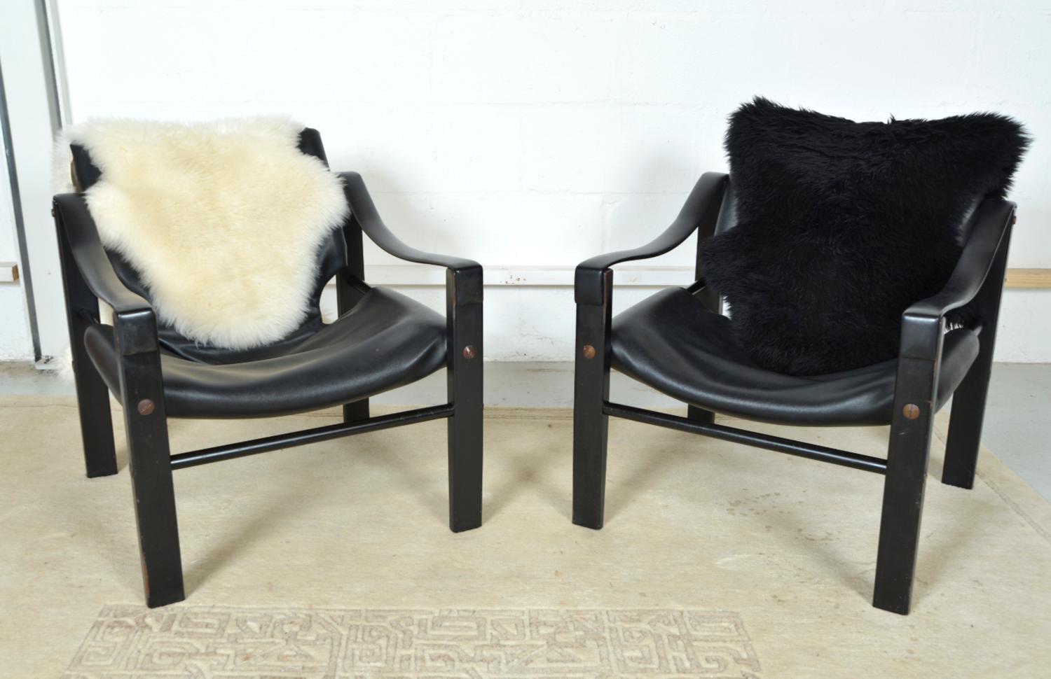 1960s Pair of Maurice Burke for Arkana Safari Campaign Lounge Chairs Black In Good Condition In Sherborne, Dorset