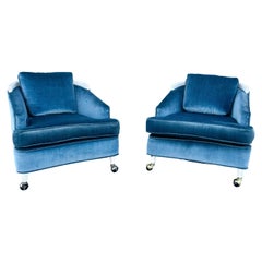 1960s Pair of Mid Century Blue Velvet Barrel Chairs -Set of 2