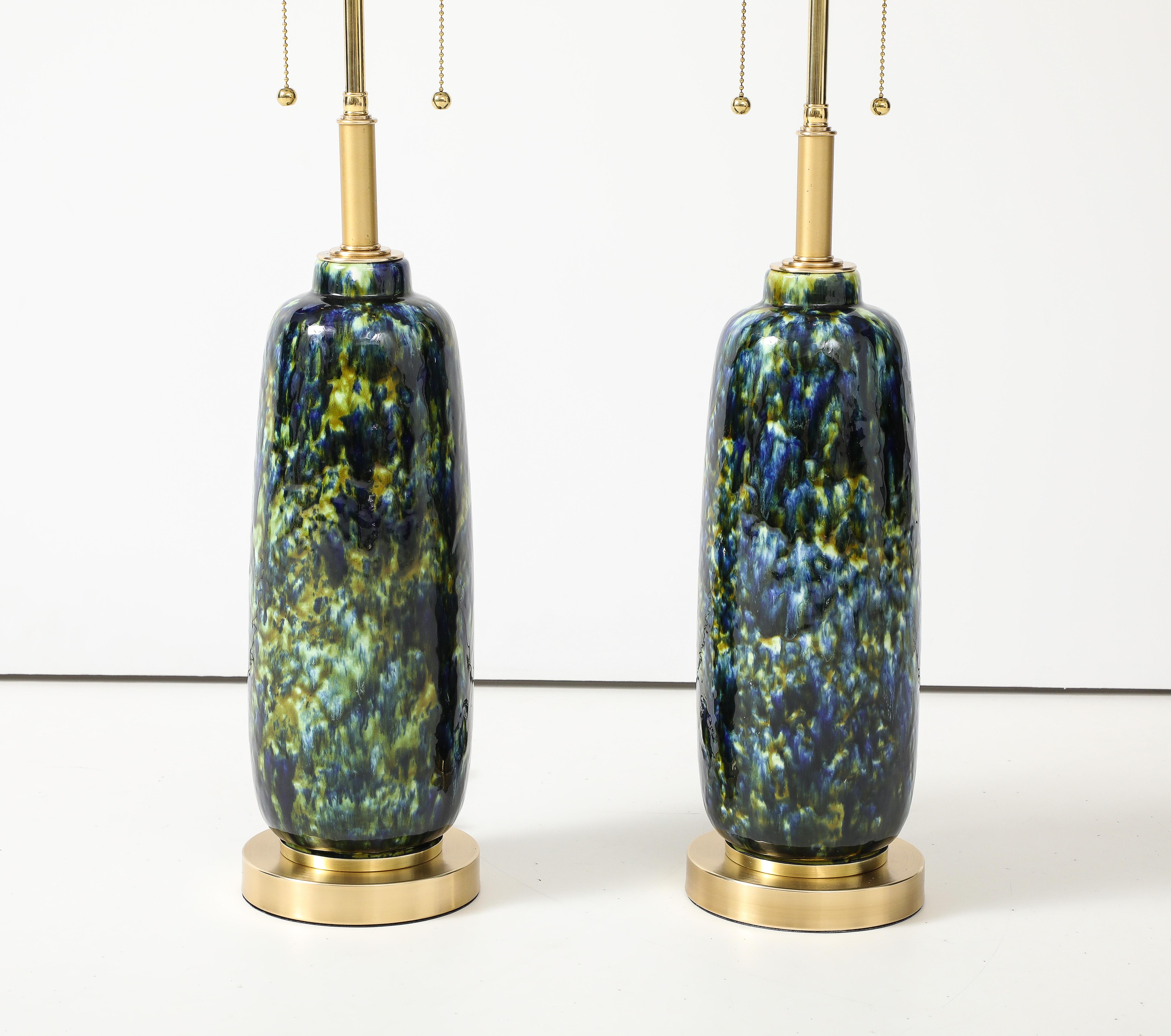 Mid-Century Modern 1960's Pair of Mid -Century Ceramic Lamps with a Beautiful Peacock Glaze. For Sale