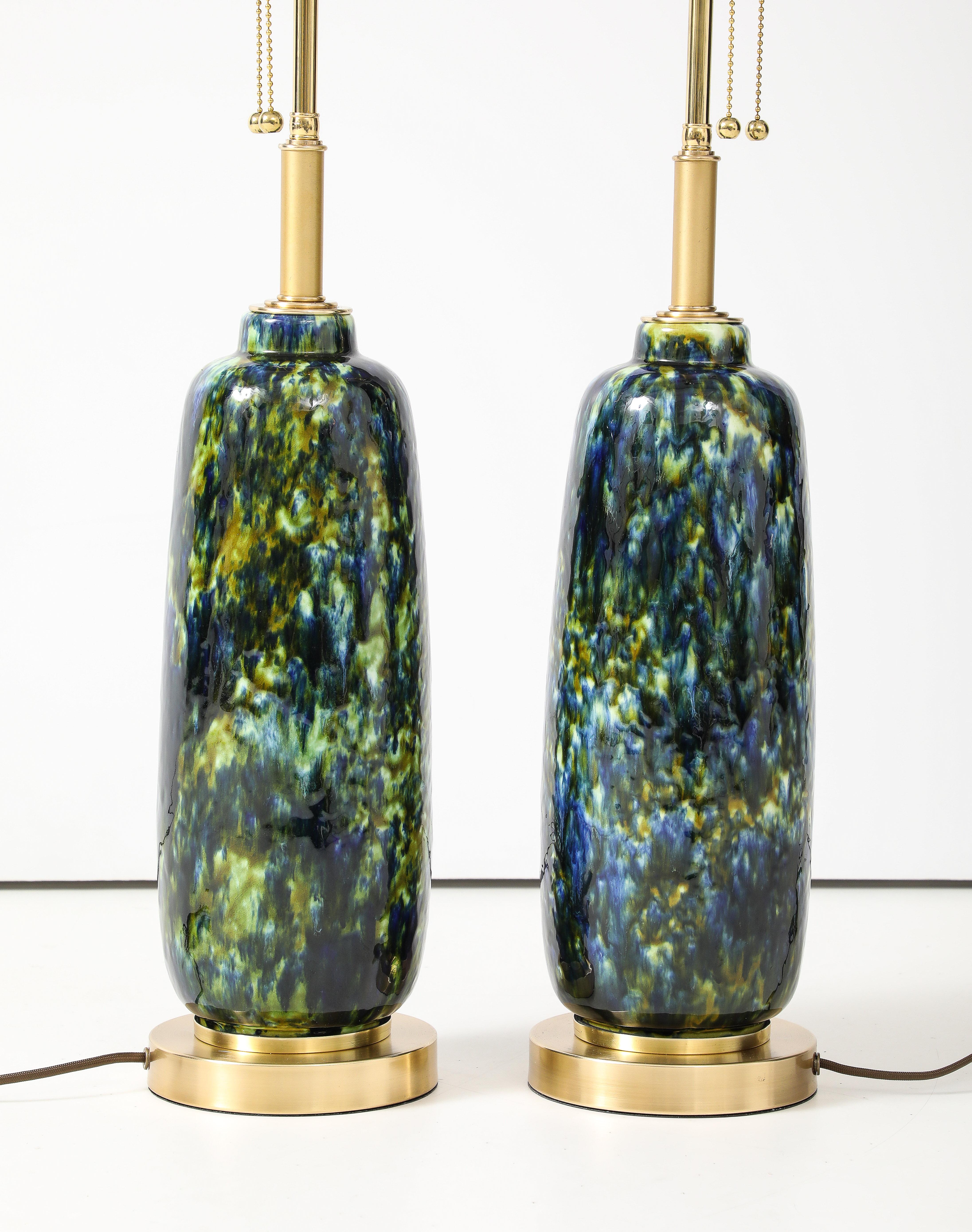 American 1960's Pair of Mid -Century Ceramic Lamps with a Beautiful Peacock Glaze. For Sale