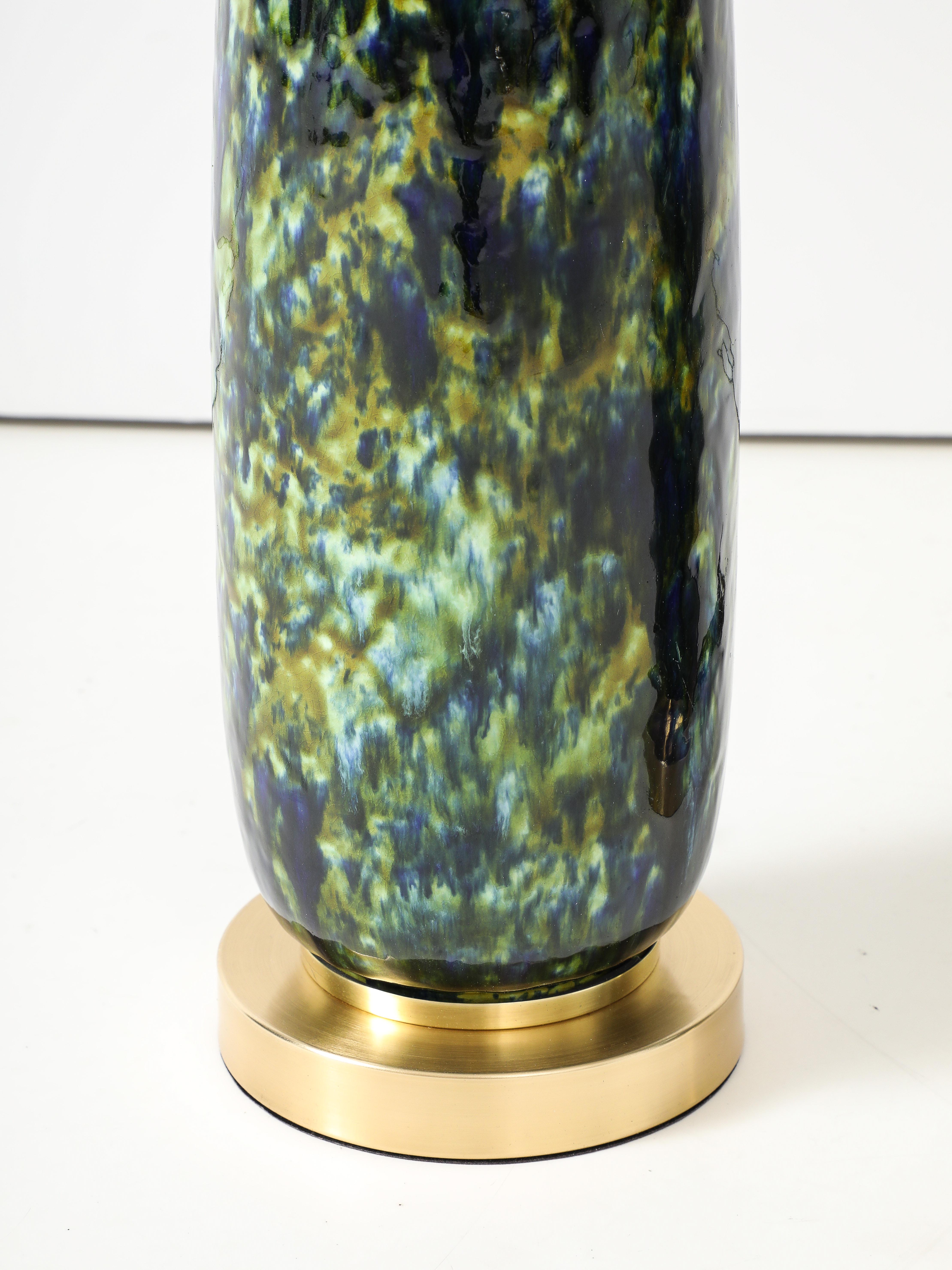 1960's Pair of Mid -Century Ceramic Lamps with a Beautiful Peacock Glaze. In Excellent Condition For Sale In New York, NY