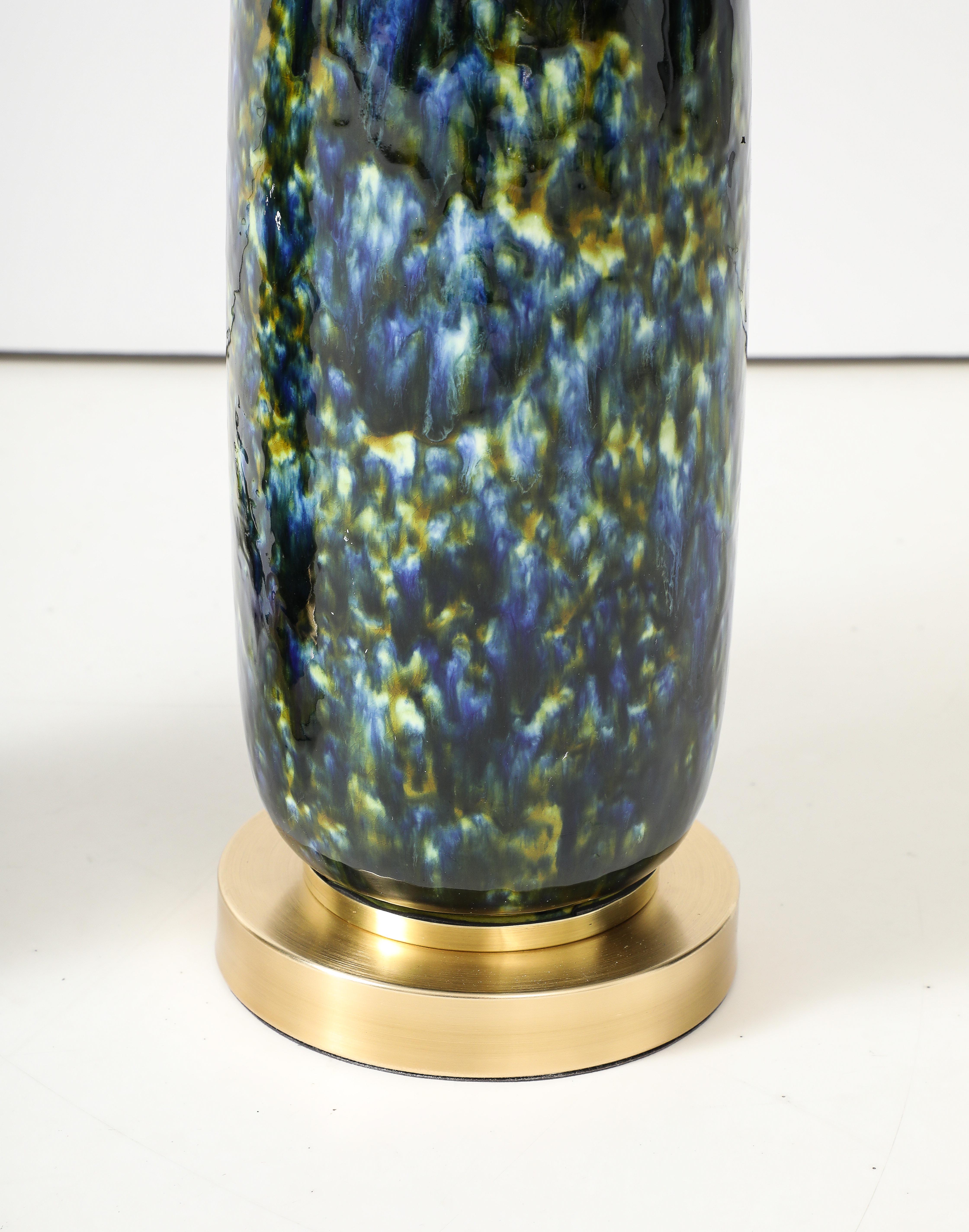 Mid-20th Century 1960's Pair of Mid -Century Ceramic Lamps with a Beautiful Peacock Glaze. For Sale